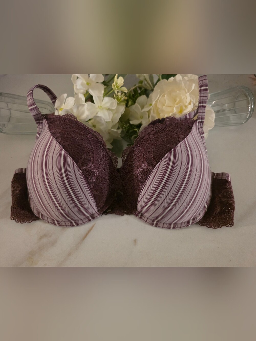 Esprit Striped Lace Overlay Bra in Plum and Lavender